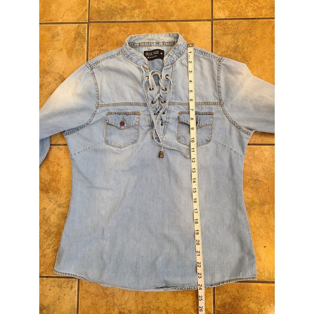Peasant Shirt Youth Med Blue 100% Cotton Denim Lace Up Pullover Long Sleeve - Picture 4 of 7